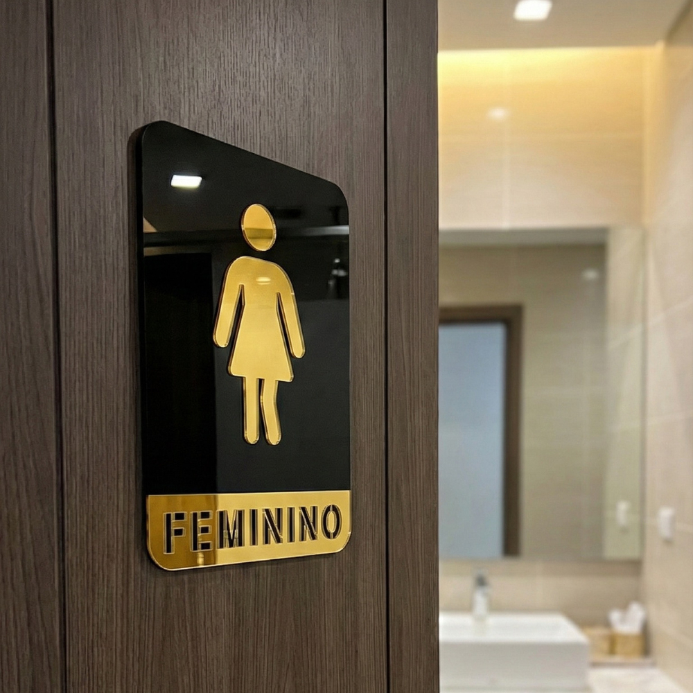 Placas de Porta Banheiro Acrílico Espelhado Kit Masculino Feminino Sinalização