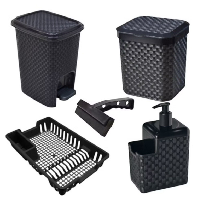 Kit Cozinha Completa Lixeira Pia 5 Litros + Lixeira 7 Litros + Porta Detergente + Rodinho de Pia + Escorredor Louça