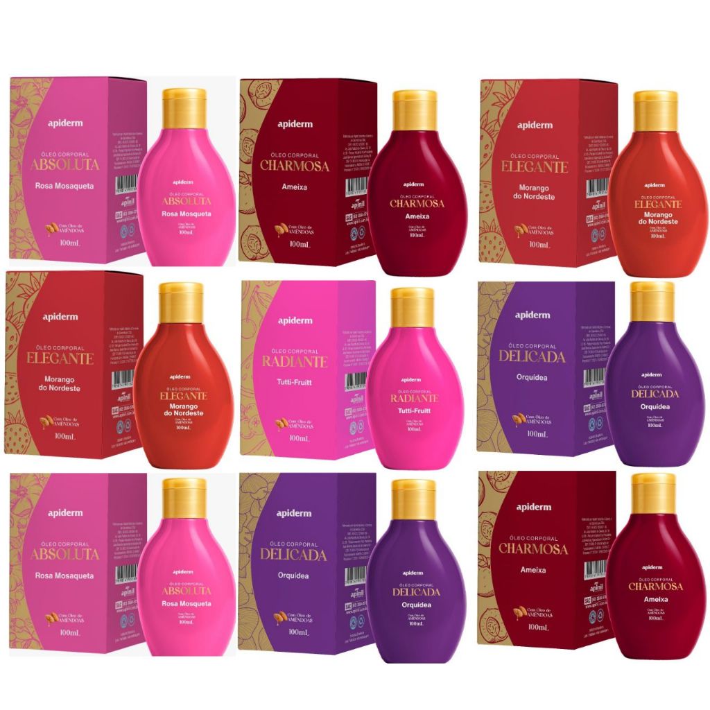 Kit 05 Óleo Corporal Apiderm 100ml [Fragr...] Rosa Mosqueta, Morango, Ameixa, Orquídea, Tutti-Frutti