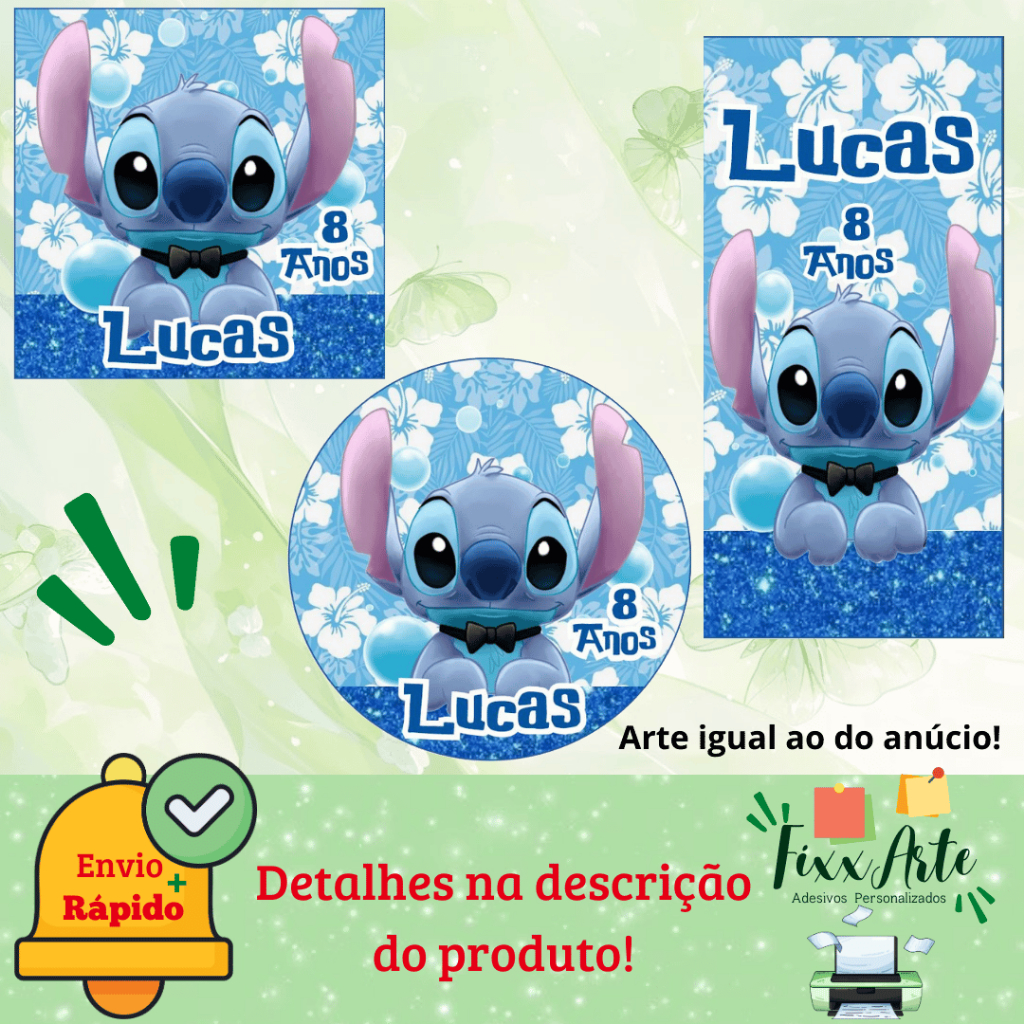 STITCH AZUL - 100/60/40 Adesivos Personalizados para Festas ( Envia Rápido)