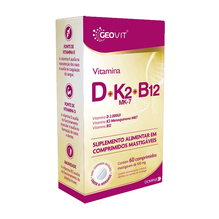 Vitamina D + K2 Mk7 + B12 Geovit Sabor Morango | 60 Comprimidos Mastigáveis em Oferta na Shopee