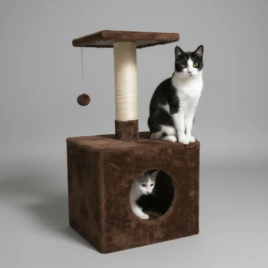 Casinha arranhador grande  para gatos caixa com banco e bolinha