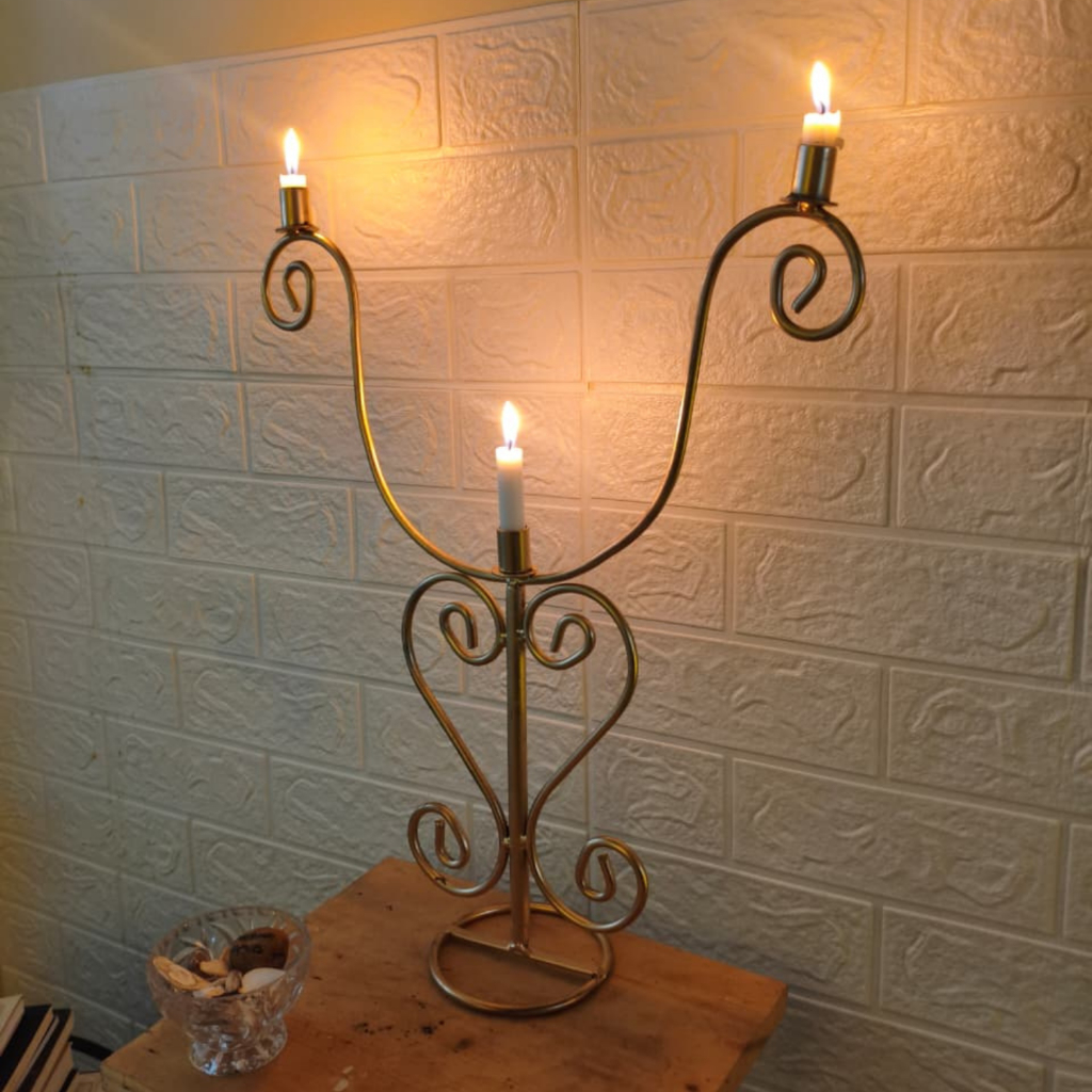 Castiçal Candelabro WitzSmith Porta Vela Ferro 50cm Mesa Jantar Centro Dourado