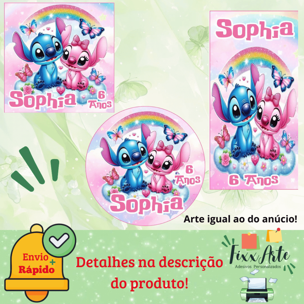STITCH E ANGEL ARCO ÍRIS - 100/60/40 Adesivos Personalizados para Festas ( Envia Rápido)