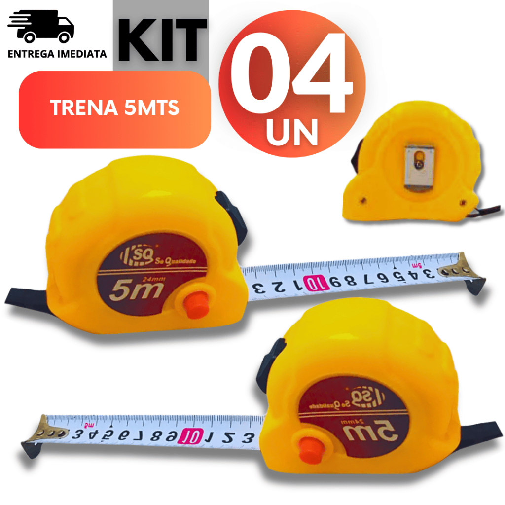Conjunto 04 Trena 5 Metros Amarela Mm/pol Profissional De Bolso Resistência e Durabilidade graduada