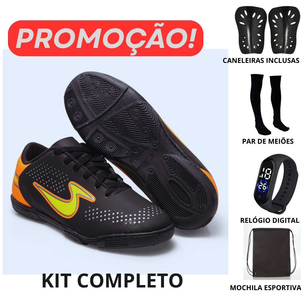 Kit Chuteira Indoor Masculina Costurada e Colada Solado Antiderrapante Leve e Resistente Quadra Futsal