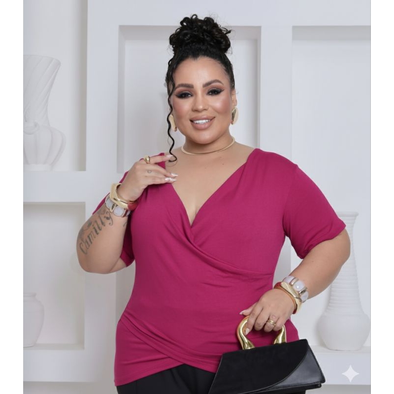 Blusa Feminina Plus Size Manga Curta Transpassada Viscolaycra em Oferta na Shopee