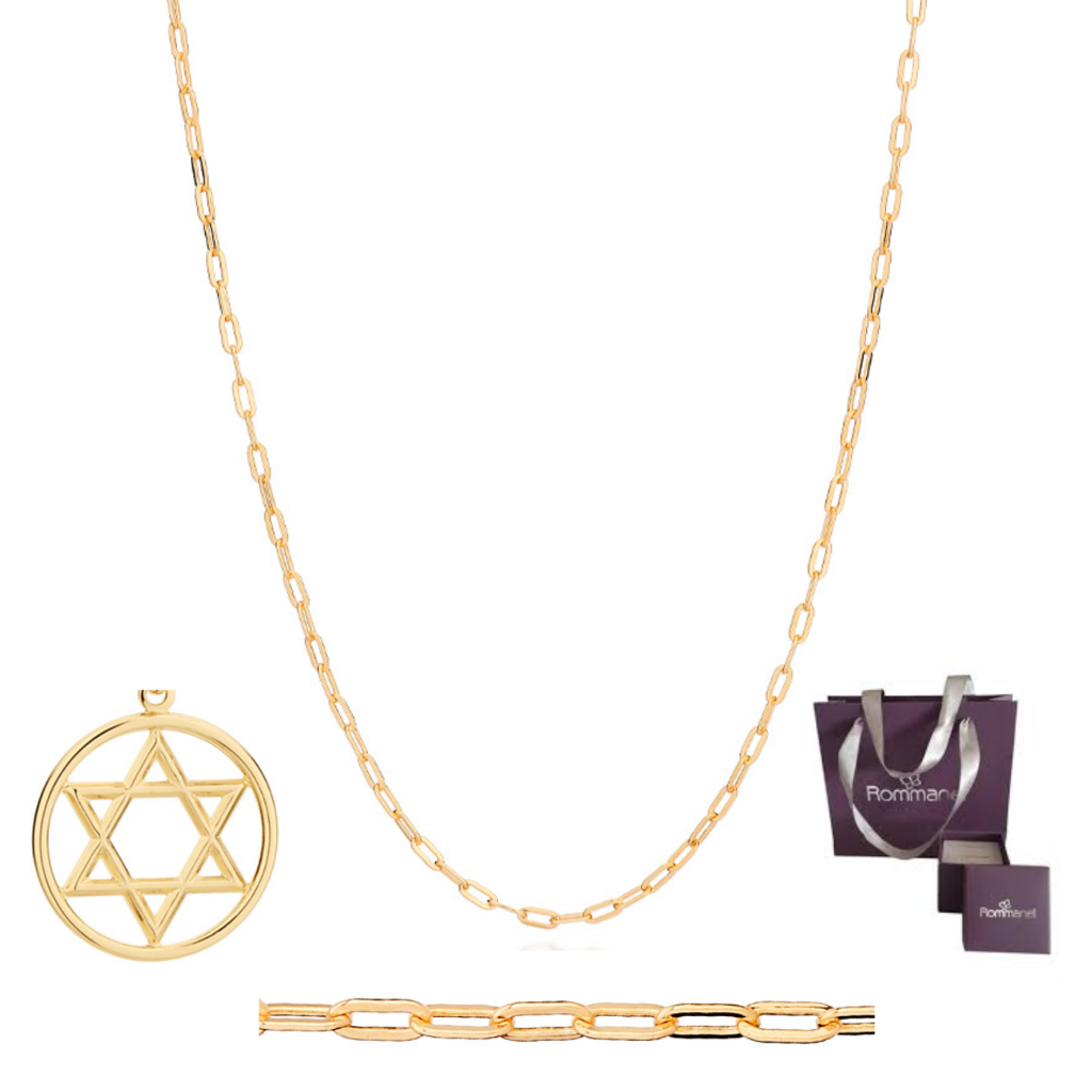 Cordão Rommanel Com Pingente Estrela De Davi Masculino 60cm Banhado Ouro 18k