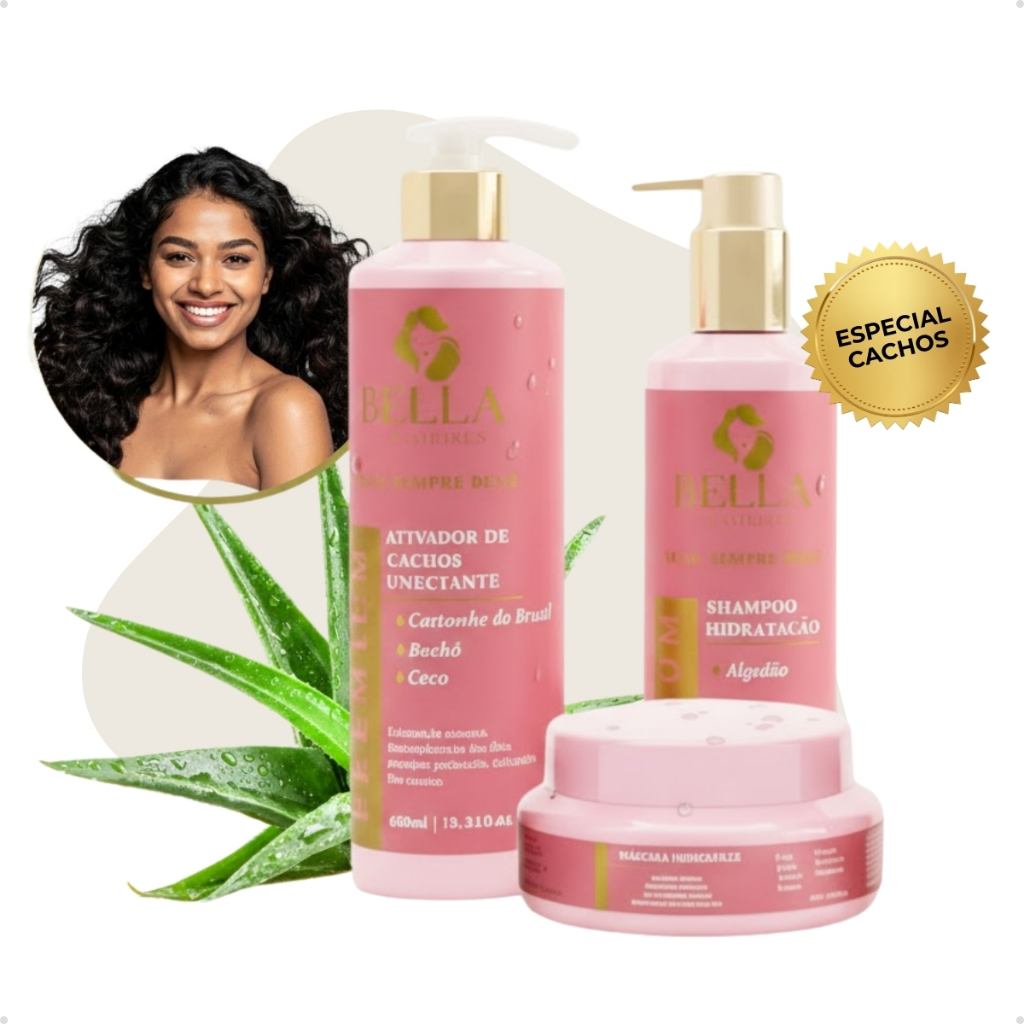 Kit Bella Cosmetics Premium  - Shampoo Premium + Mascara Umectante + Ativador Cachos