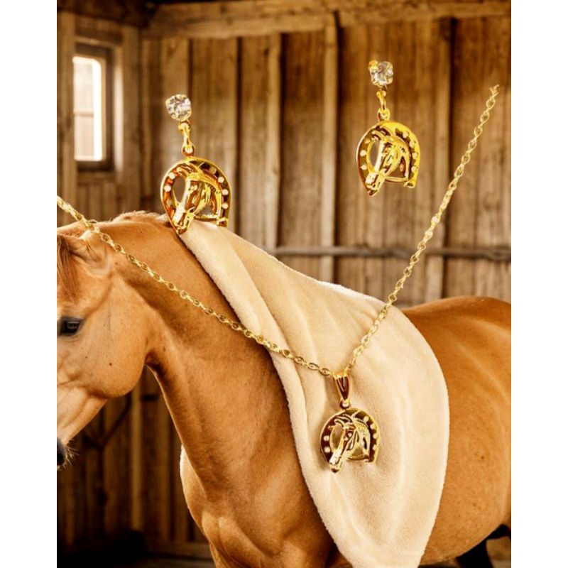 Kit Country feminino com Colar + Brincos pingentes cavalo banhada ouro 18k em Oferta na Shopee