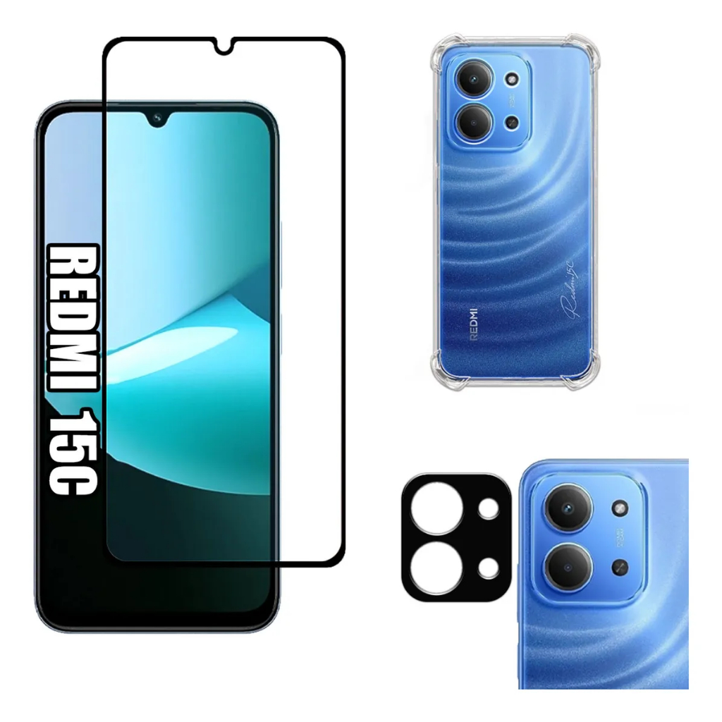 KIt Pelicula Vidro 3D Xiaomi Redmi 15C + Capa Capinha Anti Shock + Pelicula Came