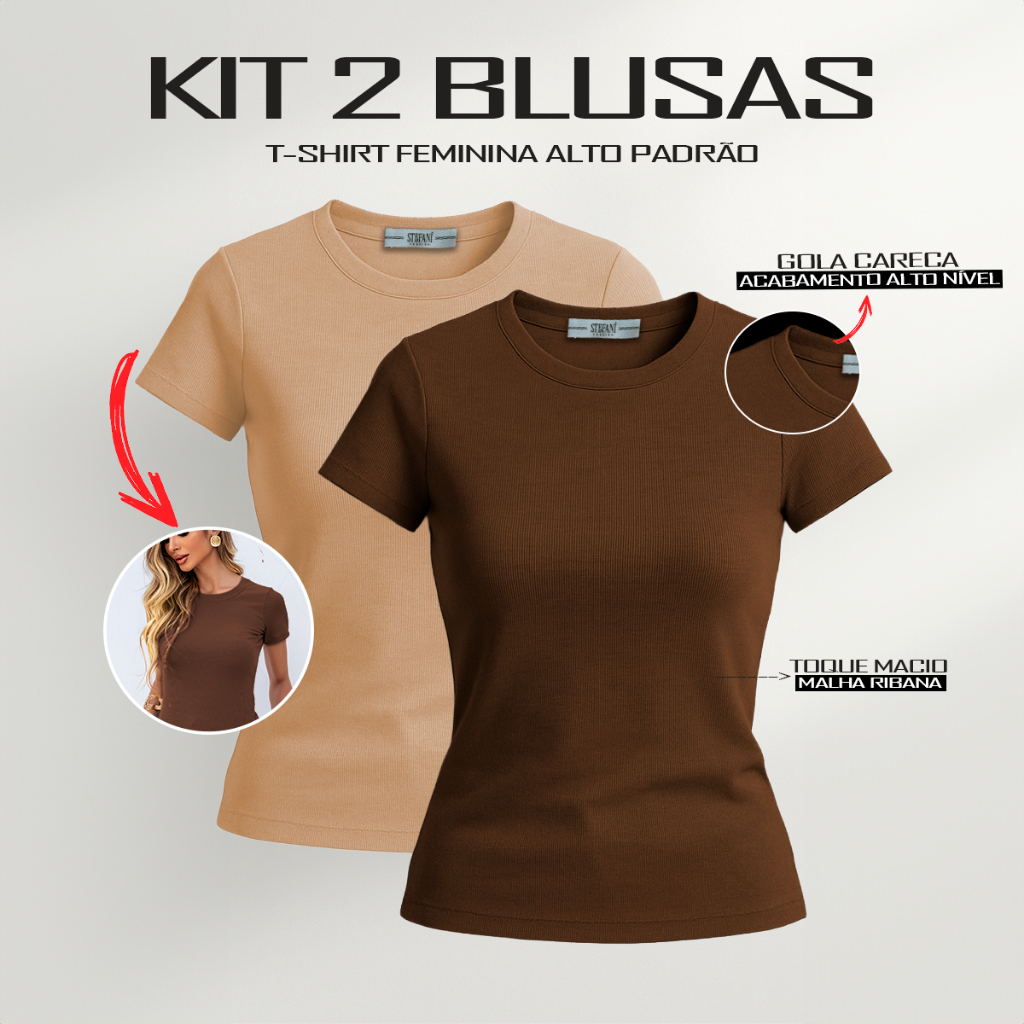 Kit 2 T-Shirt Feminina Alto Padrão Malha Ribana Poliéster em Oferta na Shopee