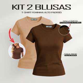 Kit 2 T-Shirt Feminina Alto Padrão Malha Ribana Poliéster em Oferta na Shopee