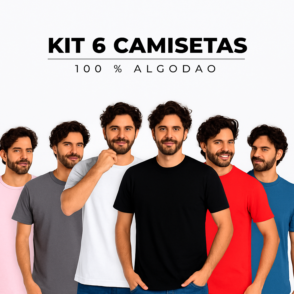 Kit 6 Camisetas Básicas Masculina 100% Algodão Reforço Ombro a Ombro Moderna Casual Lisa