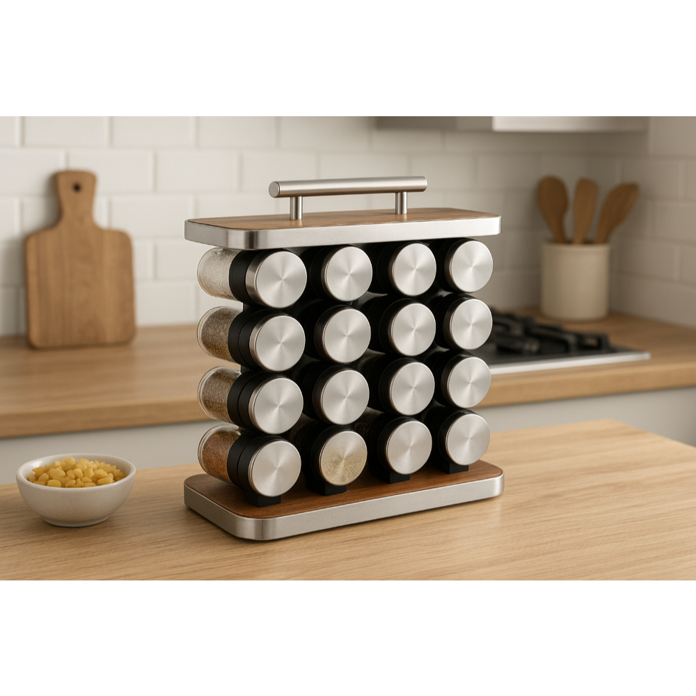 Conjunto Potes Condimentos Vidro 80ml Inox Organizador Temperos Cozinha + Suporte Homeland