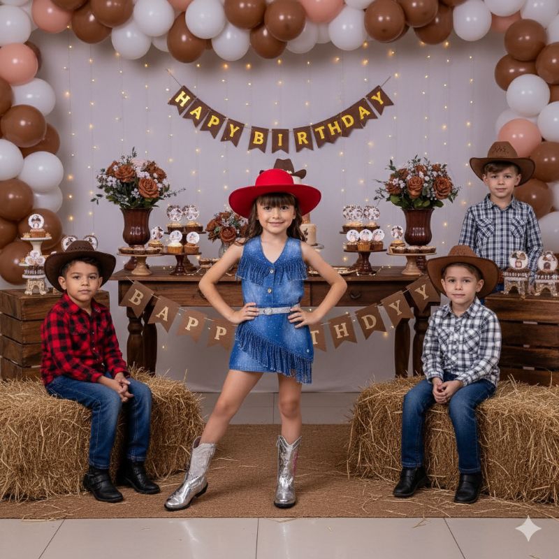 Conjunto Boiadeira Ana Castela Jeans Azul Luxo C/ Franjas Colete Saia Cinto Boiadeira Country