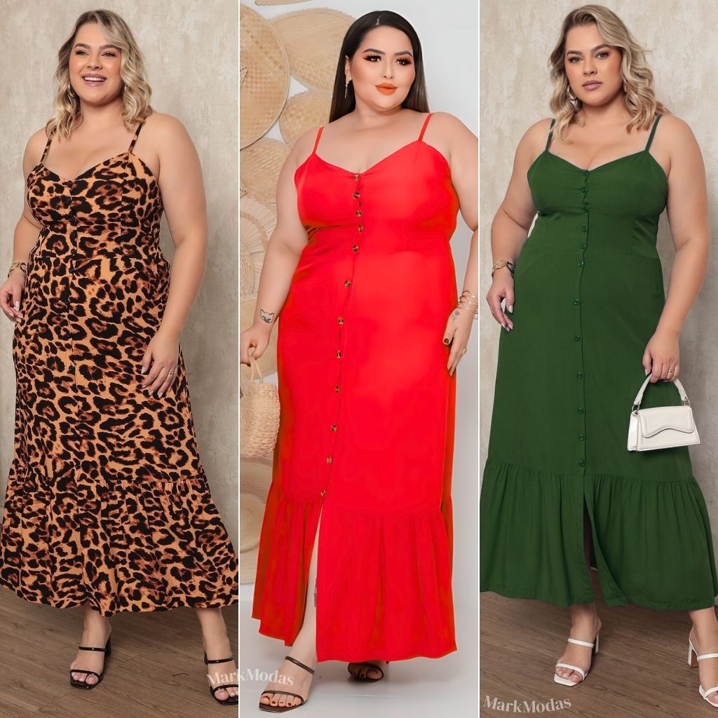 Vestido Longo Plus Size Feminino Elegante com Bojo, Alças Reguláveis e Botões Frontais