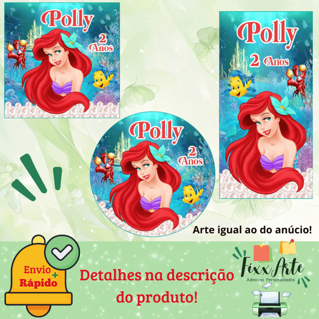 PEQUENA SEREIA ARIEL - 100/60/40 Adesivos Personalizados para Festas ( Envia Rápido) em Oferta na Shopee