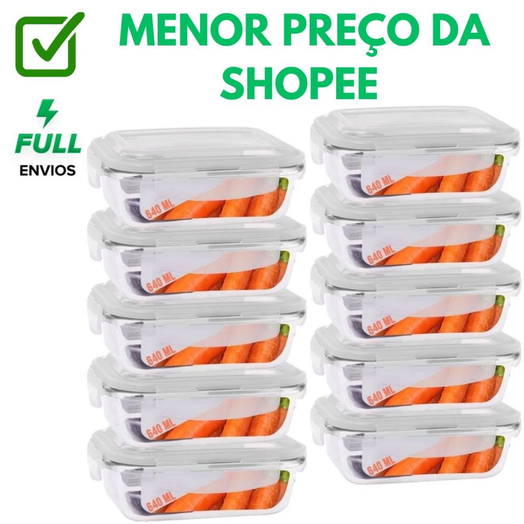 Jogo 3/5/10 Pote Marmita Vidro 370ML 525ML 640 ML Hermético 4 Travas em Oferta na Shopee