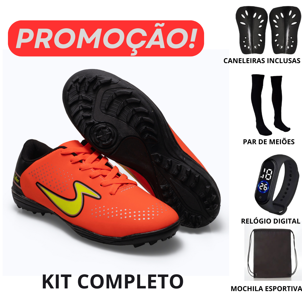 Kit Chuteira Society Masculina Costurada e Colada Solado Cravado Leve e Resistente Campo Sintético