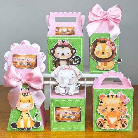 KIT CAIXINHAS PERSONALIZADAS Safari ROSA Menina Personalizado Lembrancinha - Caixinha Personalizadas