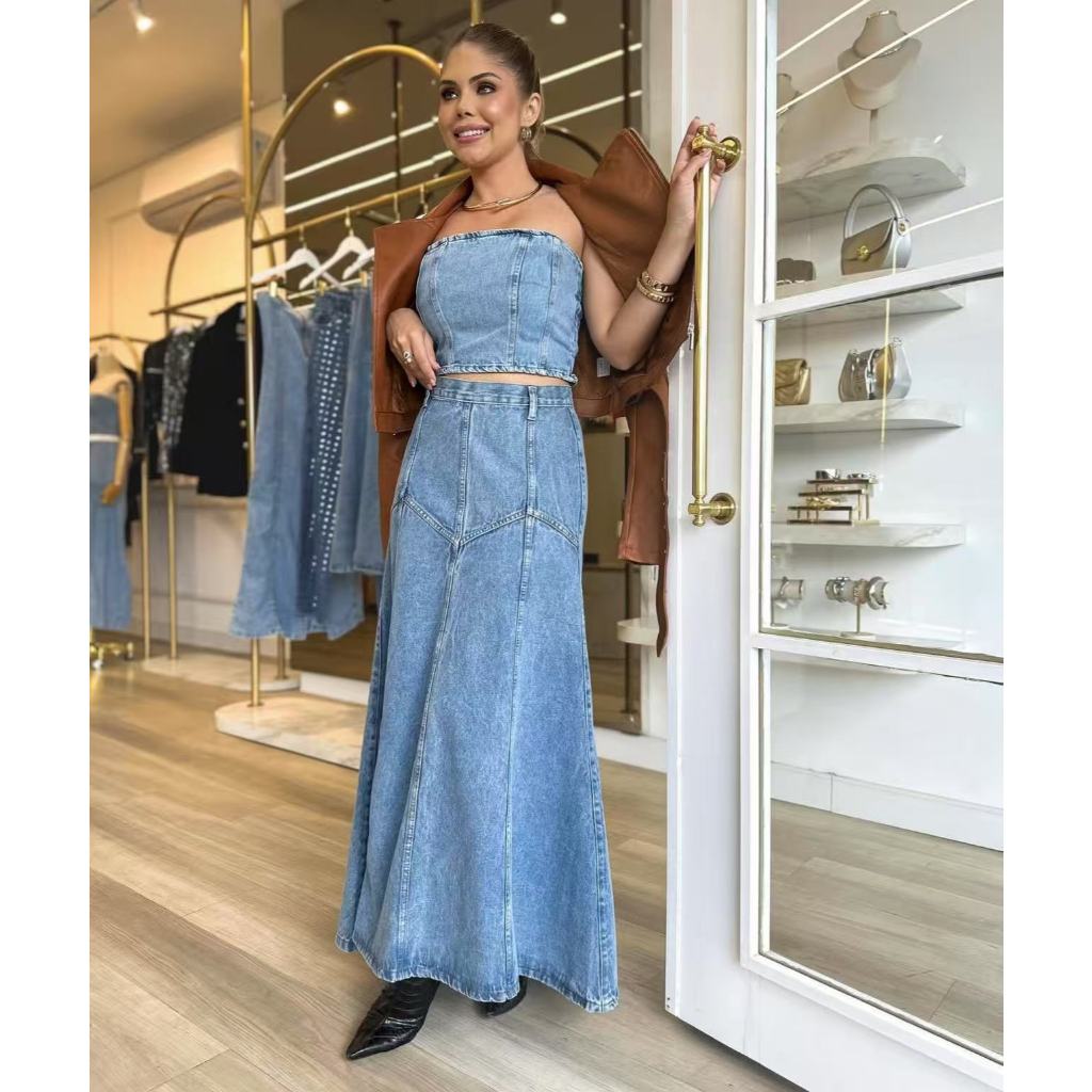 Coolestfeminina 1016+8133 conjunto jeans feminina cropped com saia longa em Oferta na Shopee