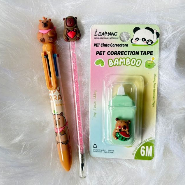Kit  3 peças Capivara - Caneta + lápis + corretivo  – 3 peças  - Papelaria Fofa