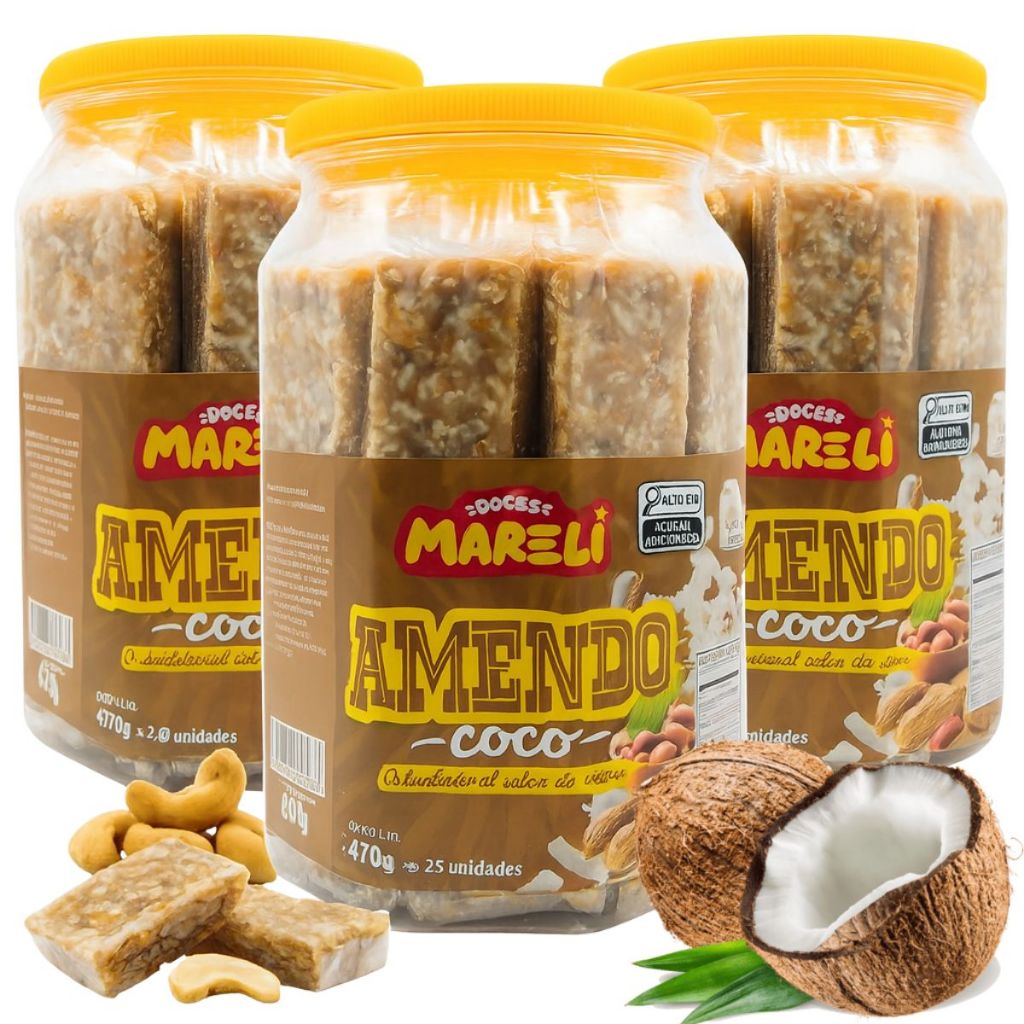 Kit 3 Potes Doce Amendococo Pacoca Caseira Amendoim Coco Cocada Gibi Tradicional Festas Eventos Doces Mareli 20un - 1Kg