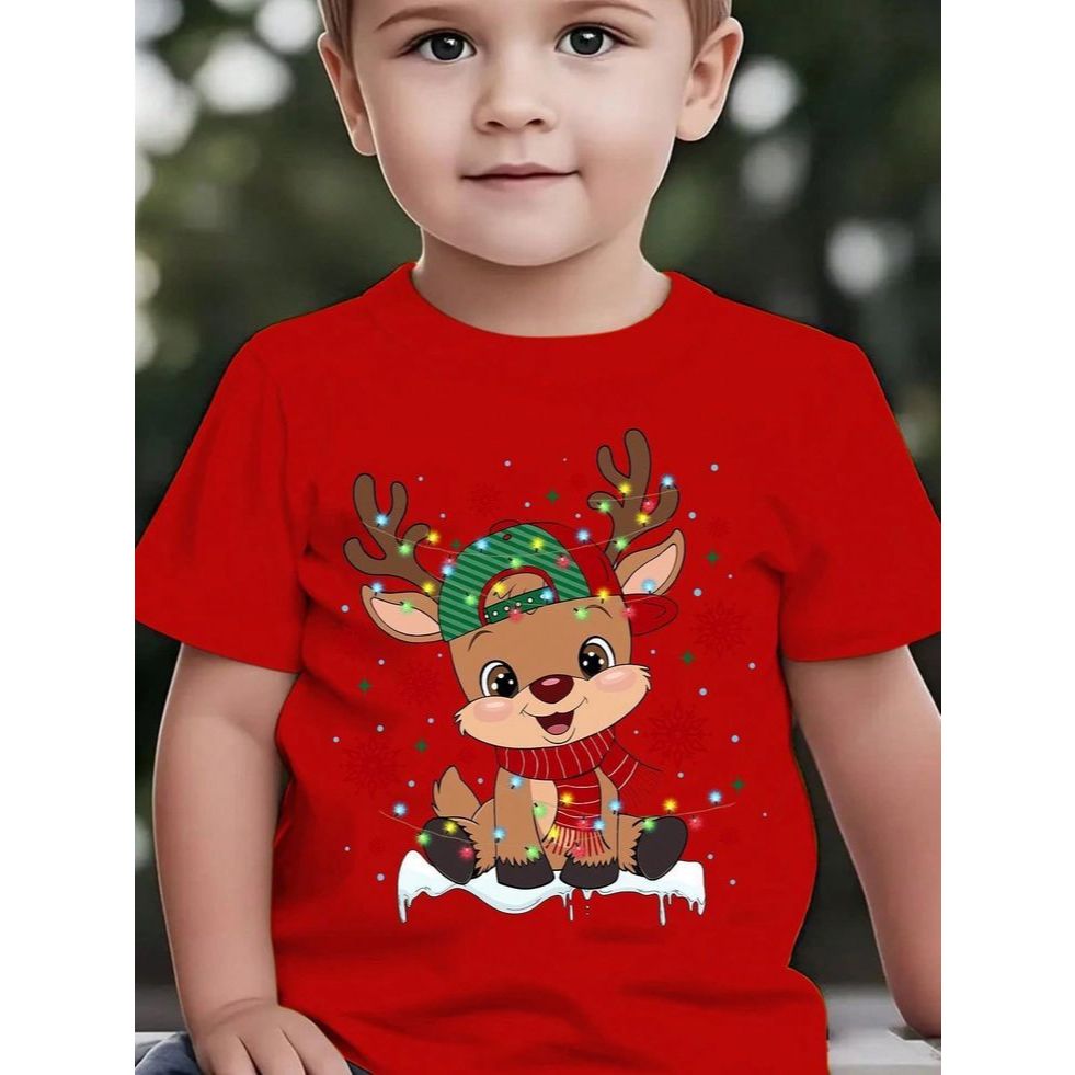 Camiseta camisa Infantil 100% Algodão Premium Rena Fofa com Boné e Pisca Pisca Natalino 30.1