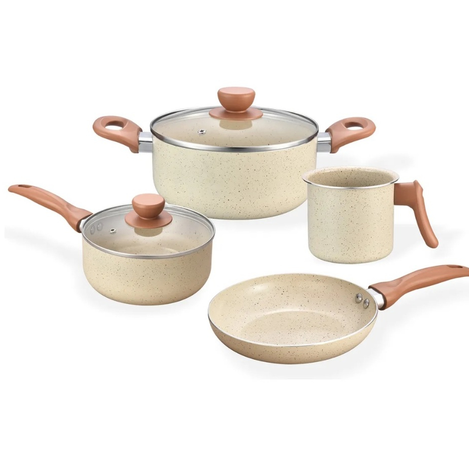 Imagem Jogo De Panelas OIKOS Antiaderente 4 Peças Revestimento Cerâmico Bege Premium