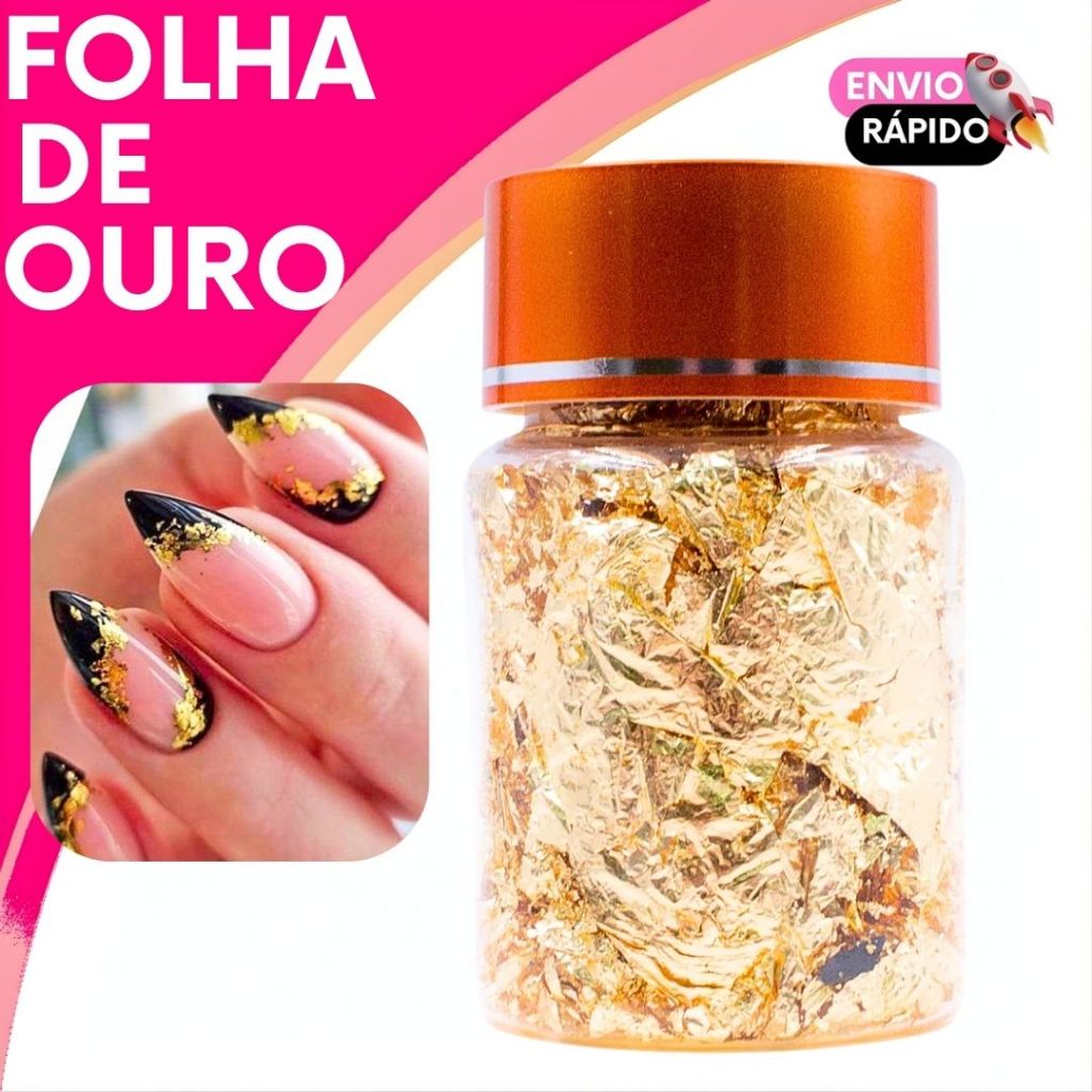 Folha de Ouro Dourada Nail Art Para Alongamento e Gel Unhas