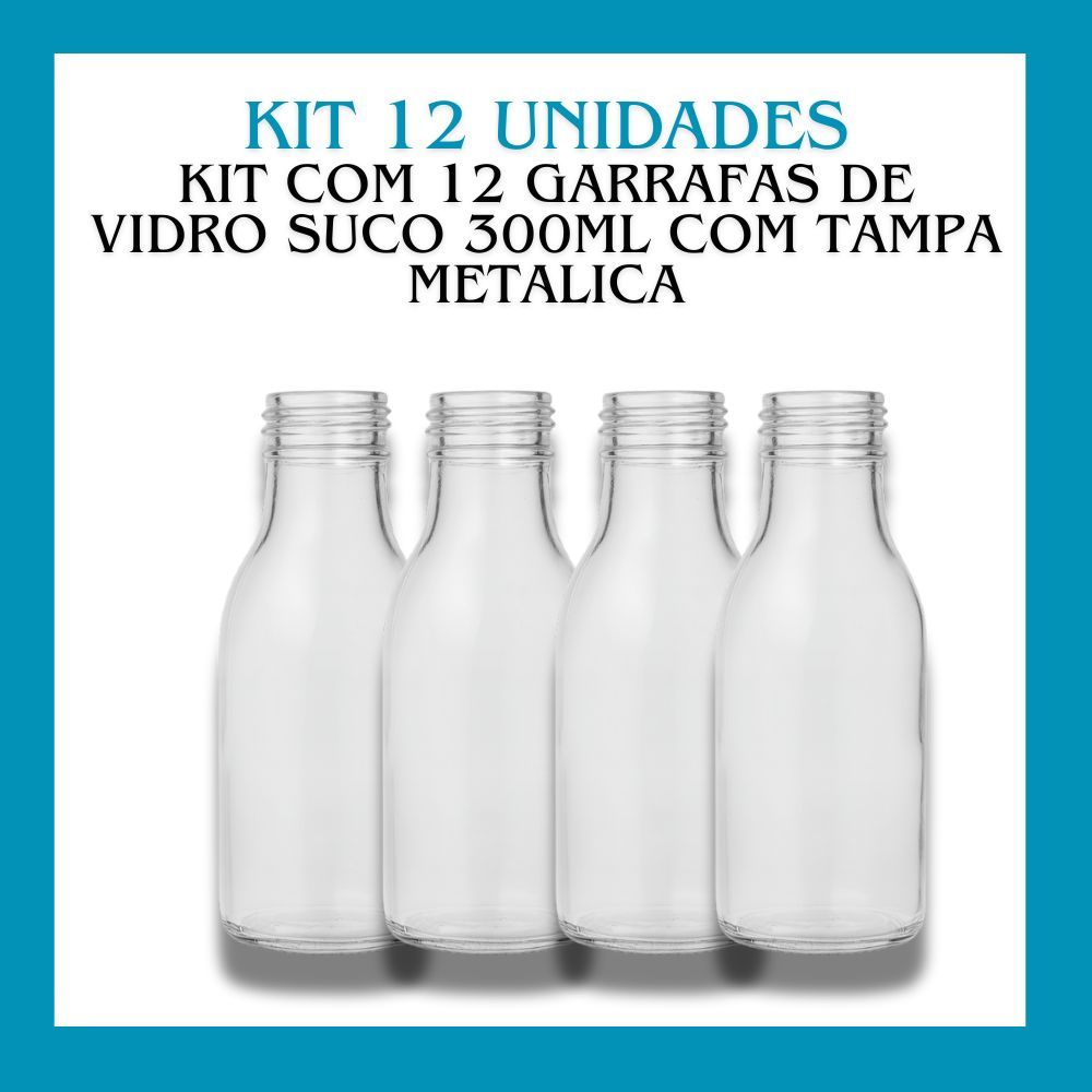 12 Garrafas Vidro Vintage Suco 300ml Com Tampa Metalica