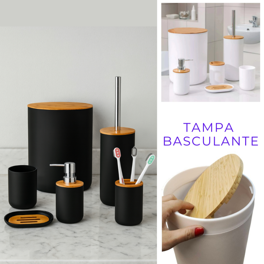 Kit Banheiro Lavabo Escova Lixeira 6 Peças Tampa Bambú em Oferta na Shopee