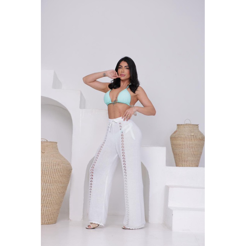 calça saída de praia tricô vazada pantalona praia piscina moda blogueira em Oferta na Shopee