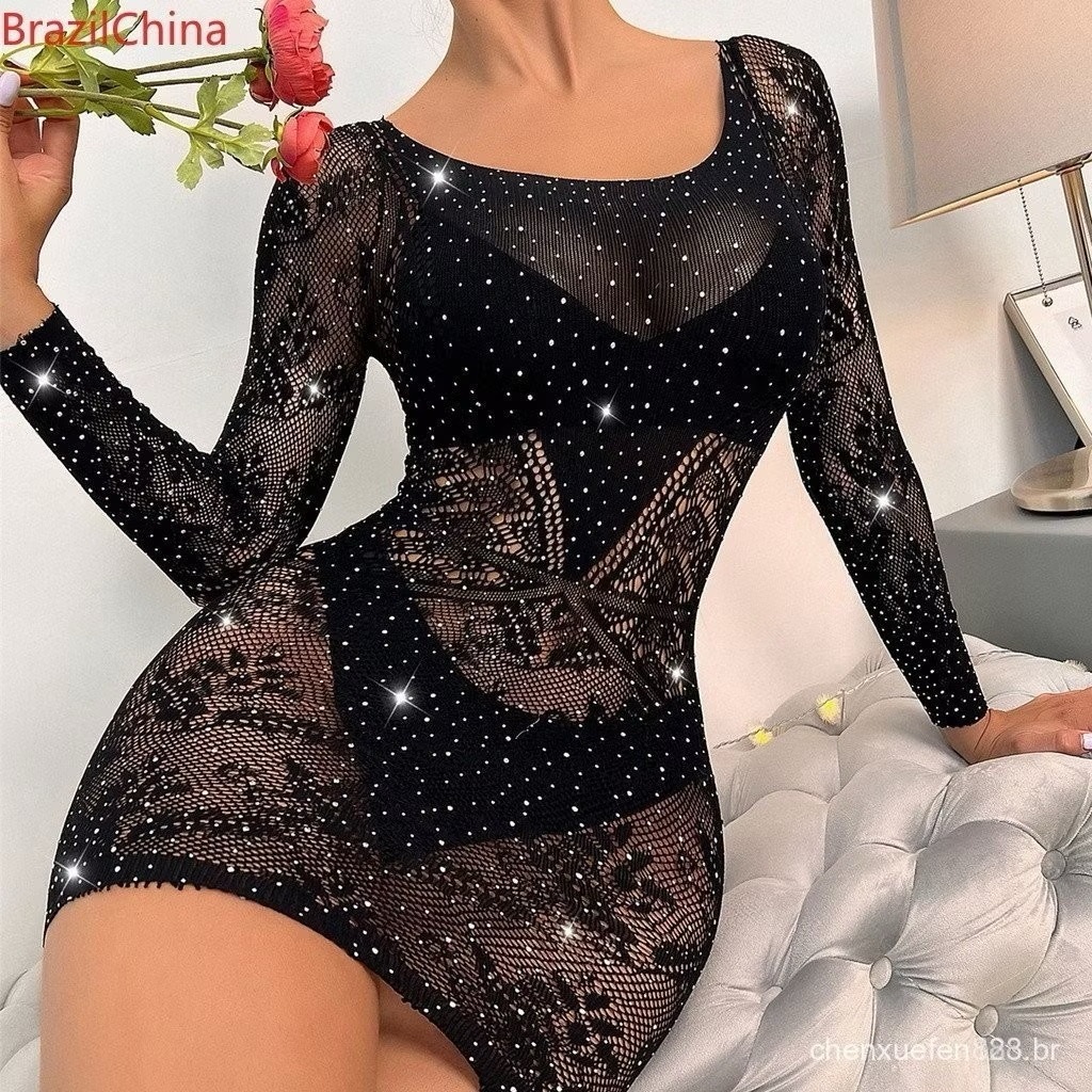 Vestido com Strass Manga Longa em Renda Transparente – Lingerie Sofisticada
