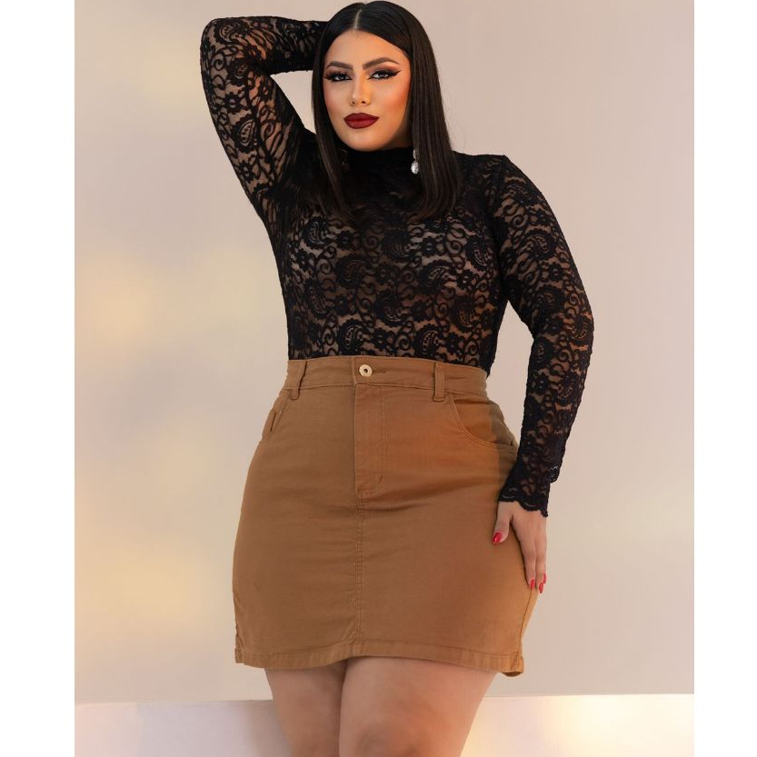 Saia Jeans Feminina Marrom Plus Size Com Lycra