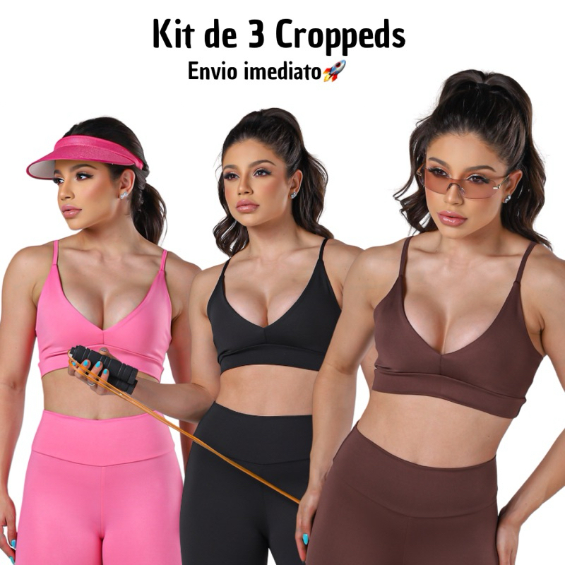 KIT 3 CROPPED TOP FITNESS com costura reforçada academia premium brilho Crossfit atacado CROPPEDS TOP FIT