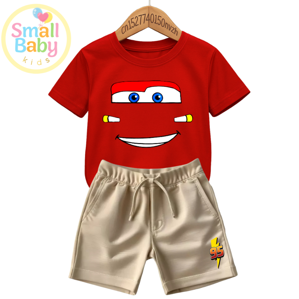 Conjunto Infantil Camiseta e Short Moletinho Rosto Carros Mc Queen Relâmpago Festa Tematica
