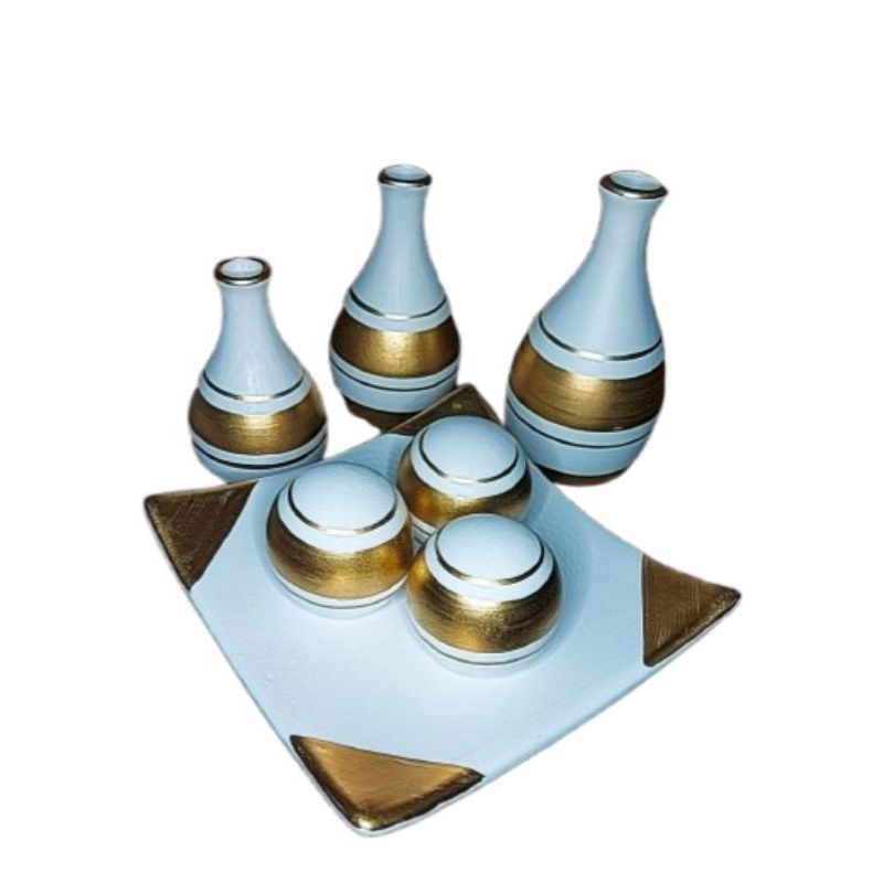 kit Conjunto 7pçs Prato 3 bolas Vasos Cerâmica Enfeite Sala Rack em Oferta na Shopee