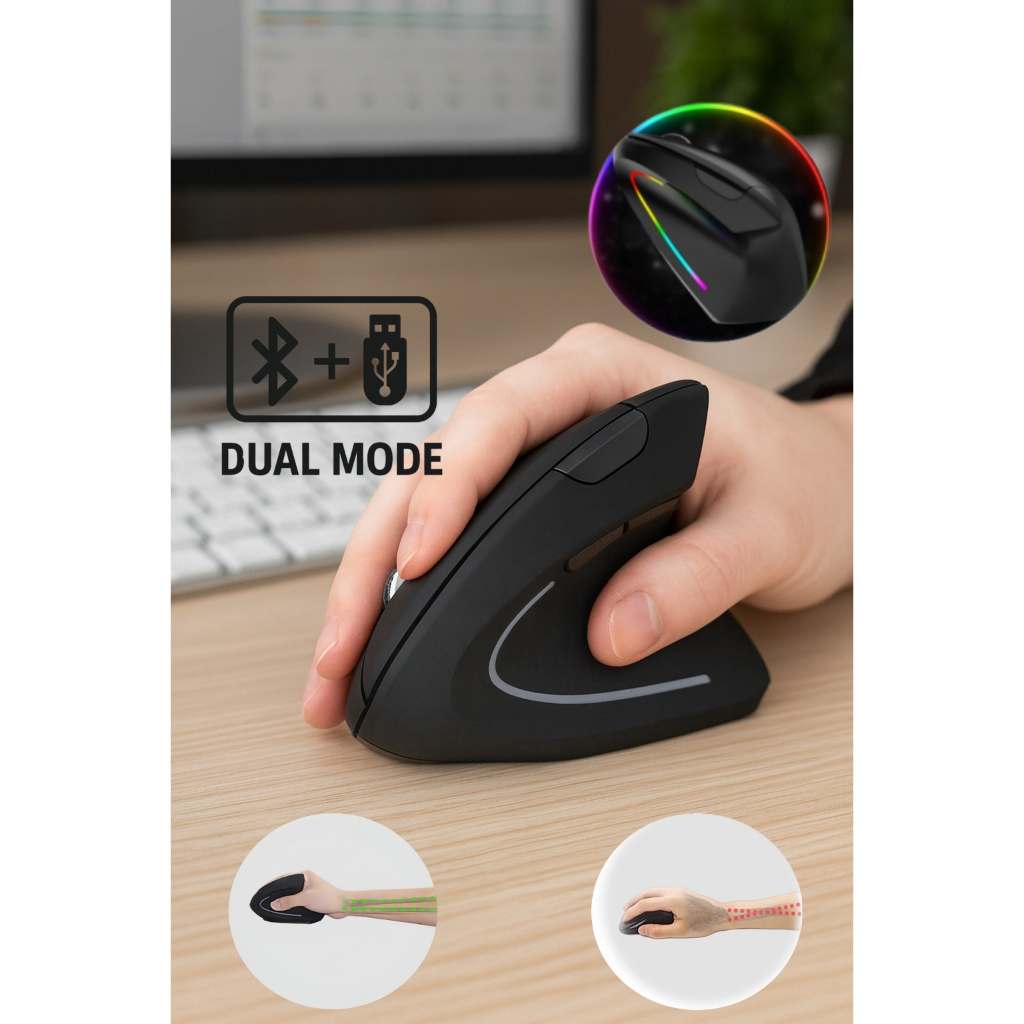 Mouse sem fio vertical 2.4G e Bluetooth de modo duplo com design ergonômico recarregável