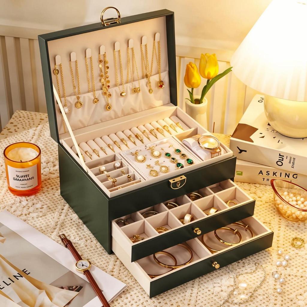 Porta Jóias de 2 Camadas de Couro de Alta Qualidade - Fecho Seguro, Design Exclusivo para Mulheres Q19 em Oferta na Shopee