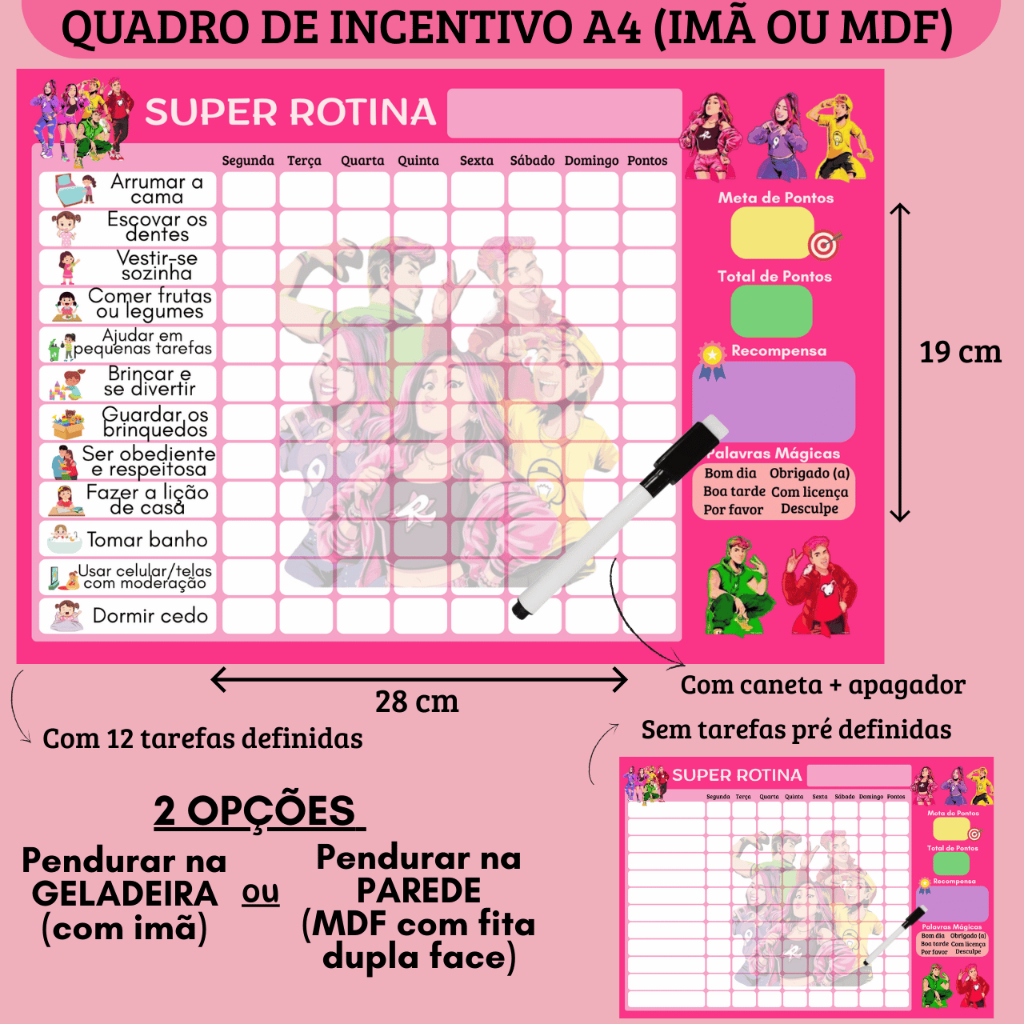 Quadro de Incentivo Rotina Dos Rosa A4 + Caneta c/ Apagador (Imã p/ Geladeira ou MDF p/ Parede) em Oferta na Shopee