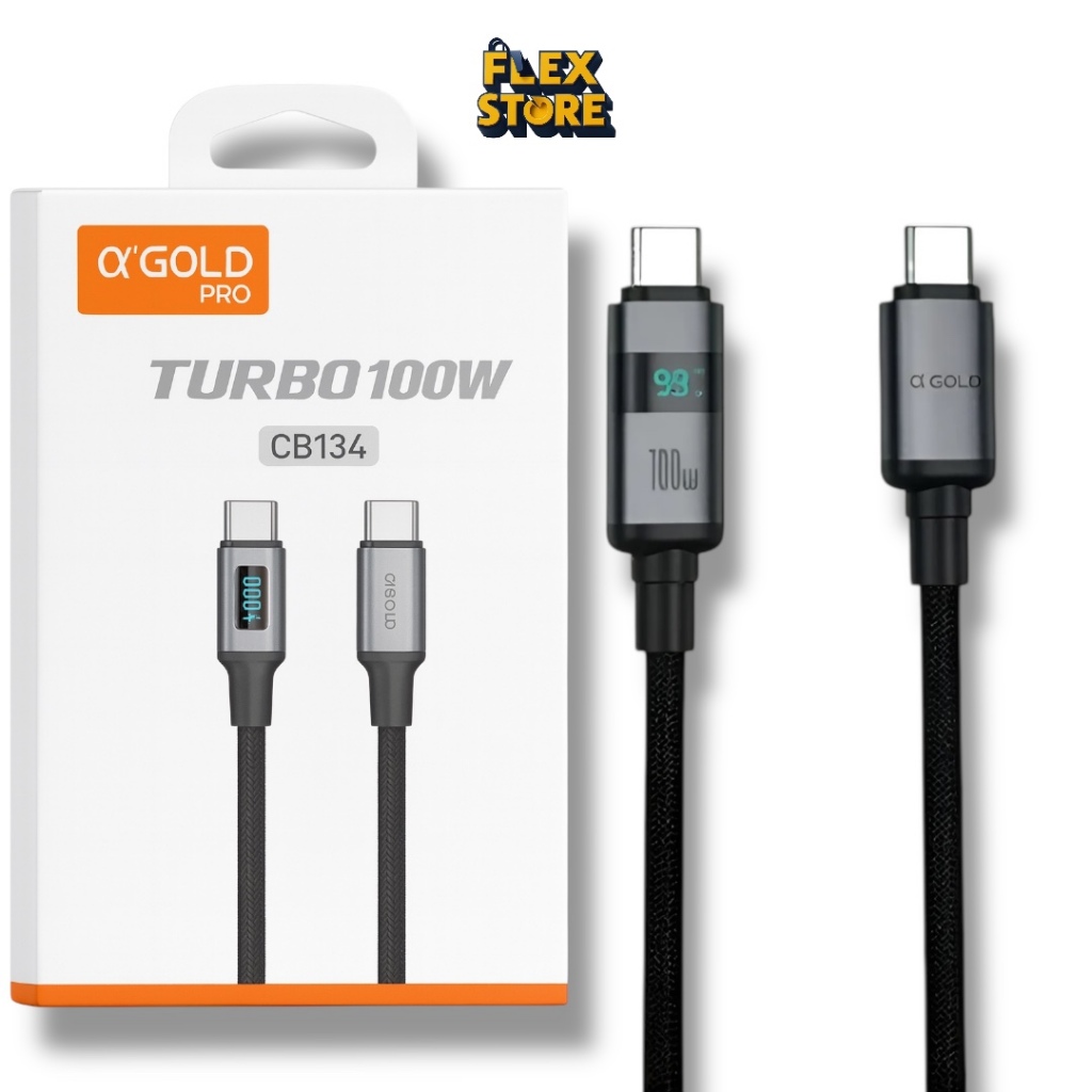 Cabo Carregador Tipo-C para Tipo-C α Gold Pro CB134 100W Turbo com Display Digital Carregamento Rápido