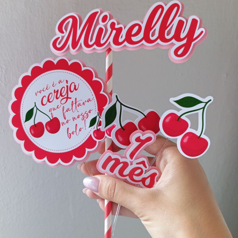 Topo / Topper  de Bolo Cerejinhas –Personalizado com Nome e Idade- Aniversário, Mêsversario Decoração de Bolo