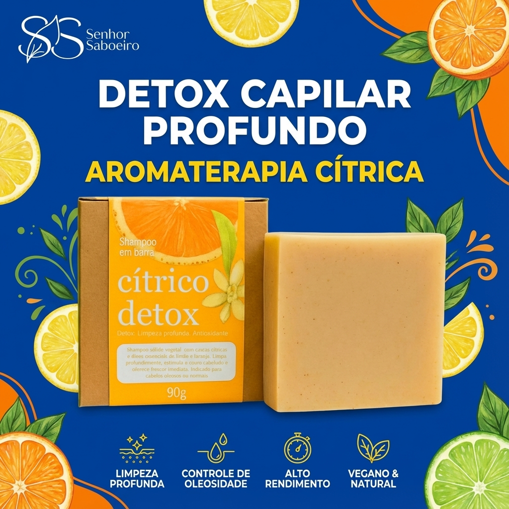 Shampoo Detox Cabelos Oleosos Sólido Natural Cítrico - Limpeza Profunda Vegano Em Barra
