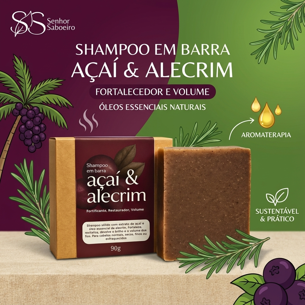 Shampoo Sólido Natural De Açaí -  Crescimento e Nutrição Capilar com Óleo Essencial de Alecrim