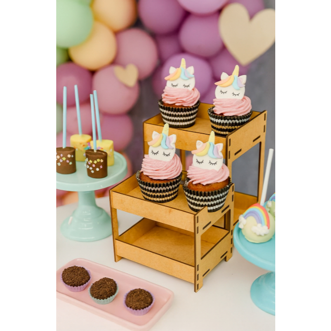 Kit 4 Expositor de balcão mdf cru 15x21cm tipo bandeja 2 andar porta doce bala bombom