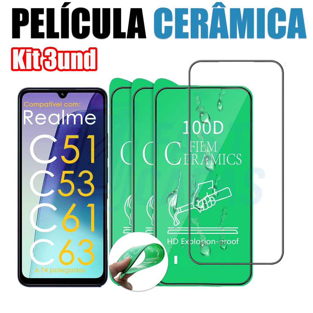 Kit 3 Película Cerâmica Xiaomi Realme C51 C53 C61 C63 Não Quebra Hidrogel 9D 3D Flexível 6.74 6,74
