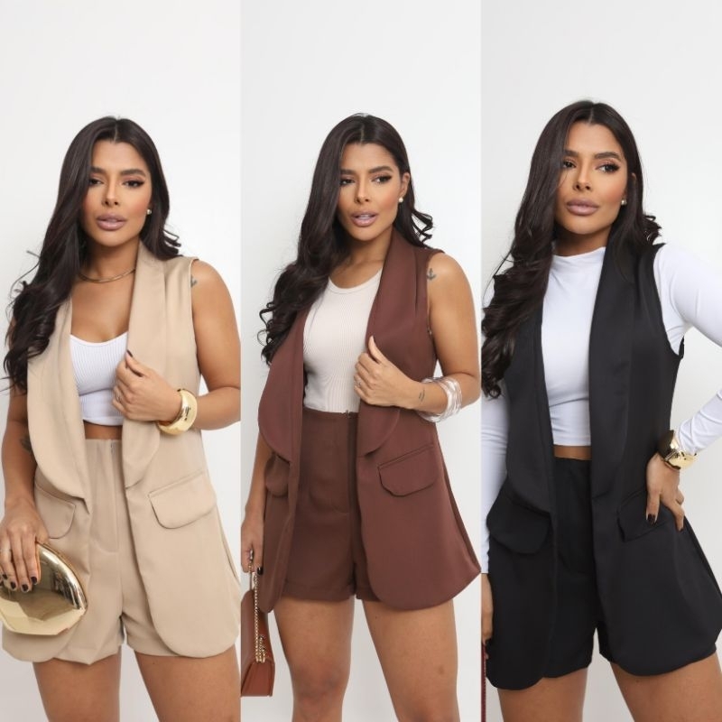 Conjunto Feminino Colete Max Alongado Short curto com Bolso Tecido Alfaiataria | Look Social Elegante