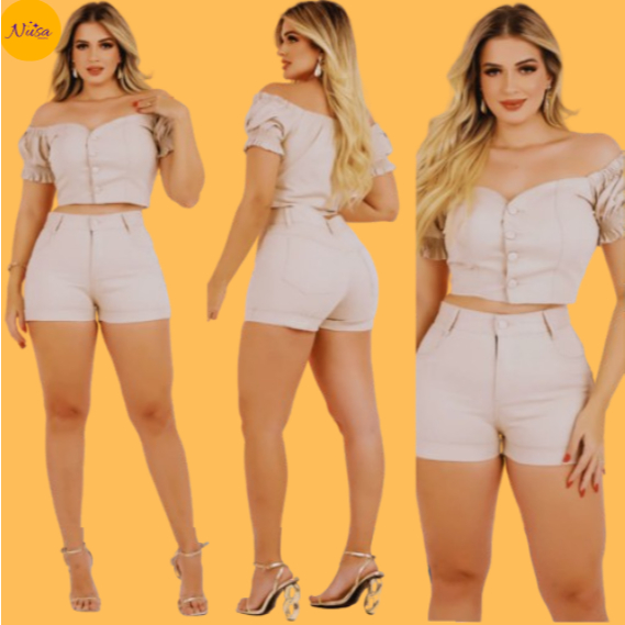 Conjunto Jeans Feminino Bege Short e Blusa Moda Casual Lançamento Cropped e Short, Nusa Modas